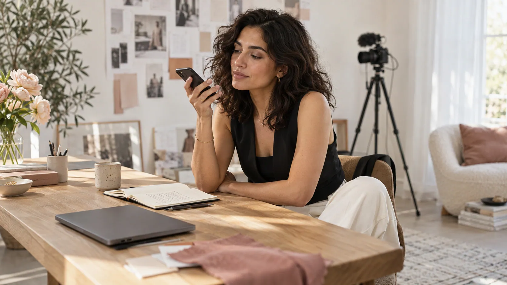 A creator recording a voice note at her desk